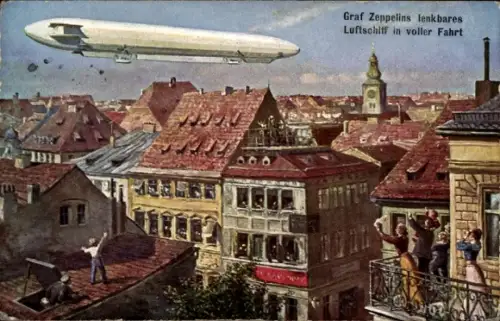 Künstler Ak Graf Zeppelins lenkbares Luftschiff in voller Fahrt, Zuschauer
