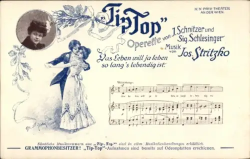 Lied Ak Werbung, Operette Tip Top, J. Schnitzer, Sig. Schlesinger, Musik von J. Stritzko