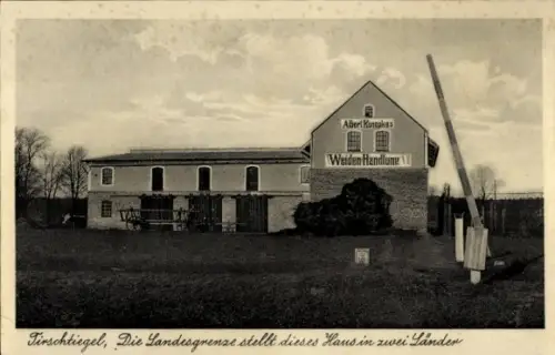 Ak Trzciel Tirschtiegel Ostbrandenburg, Albert Konopkas Weiden-Handlung, durch Landesgrenze geteilt