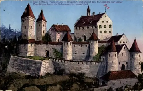 Ak Bregenz am Bodensee Vorarlberg, Schloss Pfannenberg,  Geburtsort des hl. Gebhard, Zerstörung 1