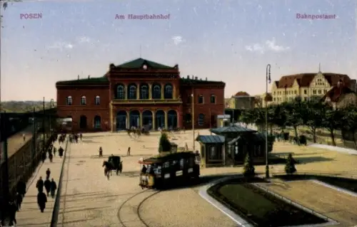 Ak Poznań Posen, Hauptbahnhof, Bahnpostamt, Straßenbahn