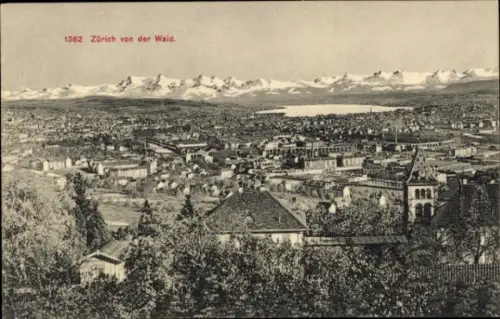 Ak Zürich Stadt Schweiz, Zürich von der Waid, Berge im Hintergrund, Stadtansicht