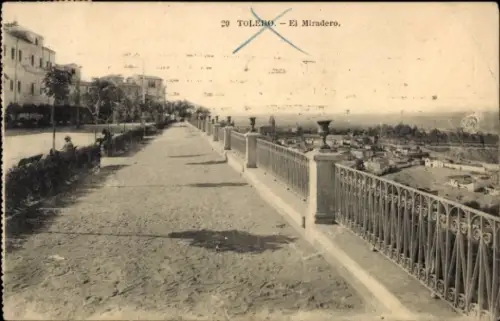 Ak Toledo Kastilien La Mancha Spanien, El Miradero,  Landschaft, Weg, Bäume, Geländer