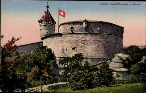 Ak Schaffhausen am Rhein Schweiz,  Munot, Schweizer Flagge,  Festung