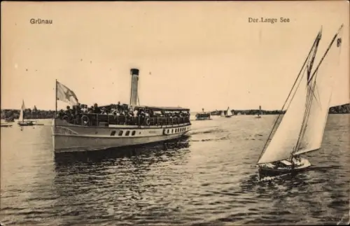 Ak Berlin Köpenick Grünau, der Lange See, Ausflugsdampfer, Segelboot