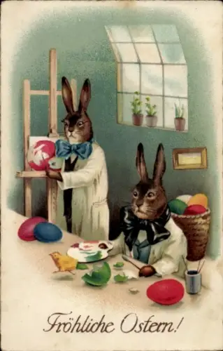 Ak Glückwunsch Ostern, Vermenschlichte Osterhasen, Atelier, Ostereier