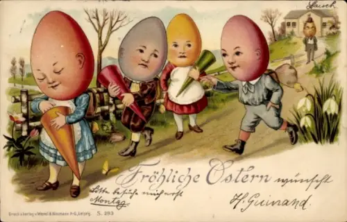 Litho Glückwunsch Ostern, Ostereier-Schüler, Schultüten