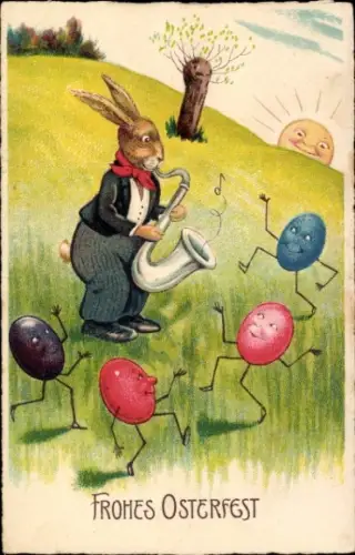 Ak Frohe Ostern, tanzende Ostereier, Hase