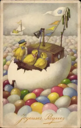 Ak Glückwunsch Ostern, Küken, Ostereier, Boot