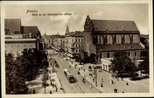 Ak Wrocław Breslau Schlesien, Schweidnitzer Straße, Straßenbahn