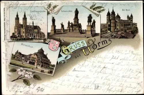 Litho Worms am Rhein, Festspielhaus, Dom, Lutherdenkmal, Liebfrauenkirche