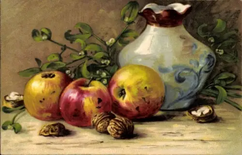 Ak Früchte, Äpfel, Nüsse, Mistelzweige, Blumenvase