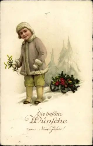 Ak Glückwunsch Neujahr, Mädchen mit Schlitten, Mistelzweig