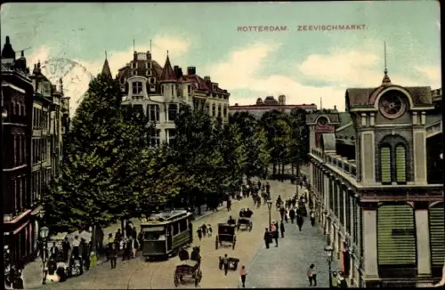 Ak Rotterdam Südholland Niederlande, Zeevischmarkt, Straßenbahn, Kutsche