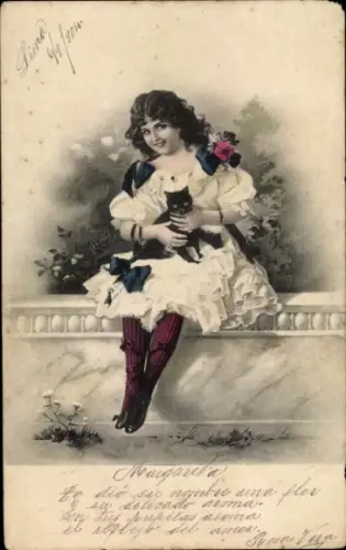 Künstler Ak Junge Frau, schwarze Katze