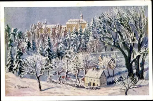 Künstler Ak Koerner, A., Lichtenwalde Niederwiesa in Sachsen, Schloss Lichtenwalde, Winter