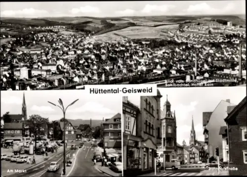 Ak Hüttental Geisweld Siegen, Gesamtansicht, Markt, Bahnhofstraße