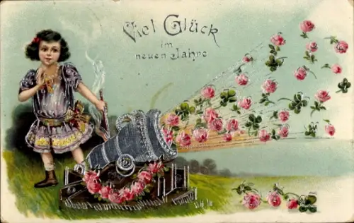 Glitzer Präge Ak Glückwunsch Neujahr, Mädchen, Kanone, Rosen