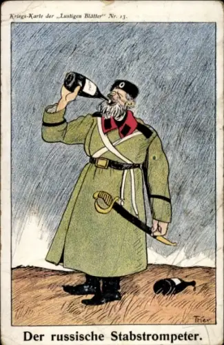 Künstler Ak Trier, Kriegskarte Lustigen Blätter, Der russische Stabstrompeter