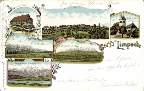 Litho Limpach Deggenhausertal Bodenseekreis, Kirche, Gasthaus, Panorama Berner Alpen, Rigi