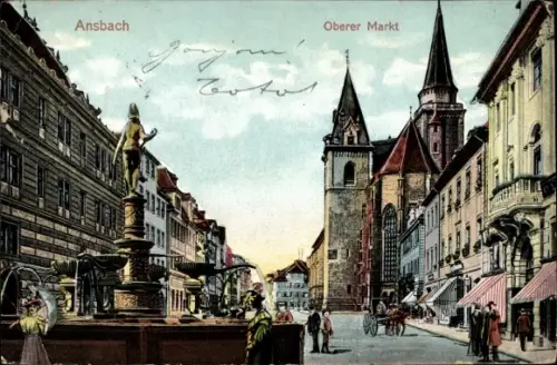 Ak Ansbach in Mittelfranken Bayern, Oberer Markt, Brunnen