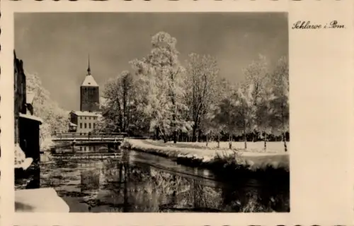 Ak Sławno Schlawe Pommern, Ortspartie im Winter