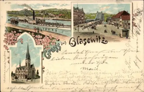 Litho Dresden Blasewitz, Kirche, Loschwitz, Brücke, Dampfschiff auf der Elbe