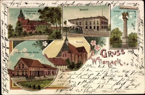 Litho Bad Wilsnack Prignitz, Plattenburg, Bahnhof, Kriegerdenkmal, Zum Deutschen Kaiser, Kirche