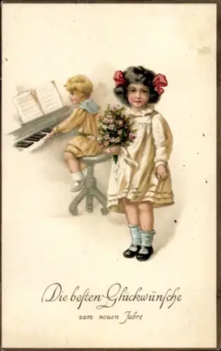 Ak Glückwunsch Neujahr, Kinder, Klavier, Hocker
