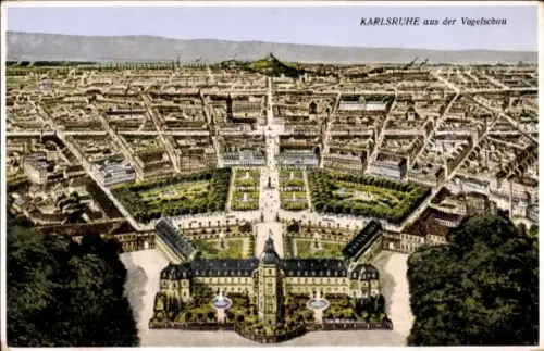 Ak Karlsruhe in Baden, Vogelperspektive auf  Stadtansicht, Parkanlagen, Straßen