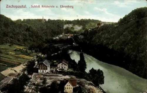 Ak Schönfeld im Zschopautal Thermalbad Wiesenbad im Erzgebirge, Schloss Kriebstein, Ehrenberg