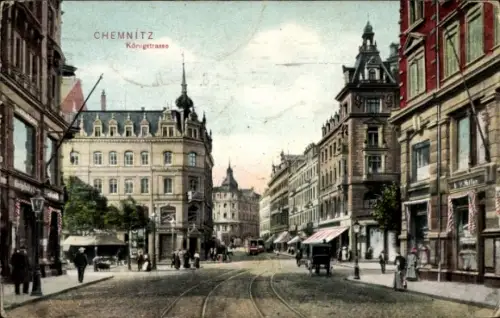 Ak Chemnitz in Sachsen,  Königstraße, Straßenansicht,  Gebäude, Straßenbahn