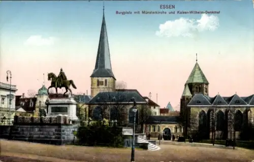 Ak Essen im Ruhrgebiet, Burgplatz, Münsterkirche, Kaiser-Wilhelm-Denkmal, Essen
