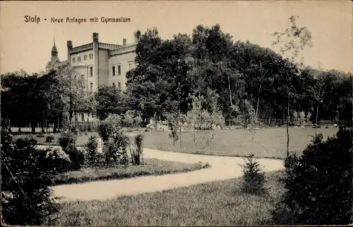 Ak Słupsk Stolp Pommern, Neue Anlagen mit Gymnasium