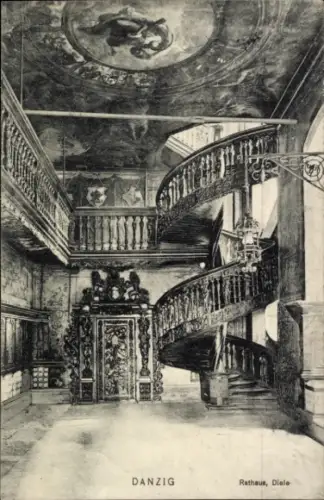 Ak Gdańsk Danzig,  Rathaus, Diele, Treppe,  Architektur