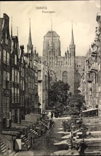 Ak Gdańsk Danzig,  Frauengasse,  Gebäude, Türme, Straßenansicht