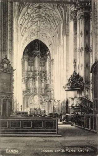 Ak Gdańsk Danzig, Innere der St. Marienkirche,  Orgel, hohe Decke