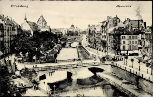 Ak Strasbourg Straßburg Elsass Bas Rhin, Panoramaansicht von  Fluss, Brücken, Bäume, Straßenansic