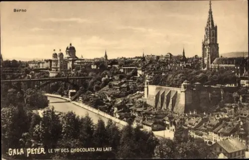 Ak Bern Stadt Schweiz, Stadtansicht von  Fluss, Brücke, Kirchturm,  Gebäude