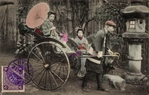 Ak Japan, Frauen in japanischer Tracht, Rikscha