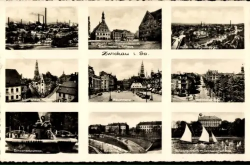 Ak Zwickau in Sachsen, Hauptmarkt, Schumanndenkmal, Stadttheater, Rathaus, Kaserne, Paradiesbrücke