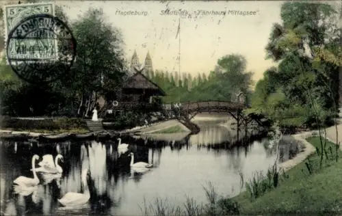 Ak Magdeburg an der Elbe, Fährhaus Mittagsee, Brücke, Schwäne, Bäume, Wasserlauf