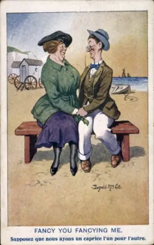 Künstler Ak McGill, Donald, Liebespaar auf einer Bank am Strand