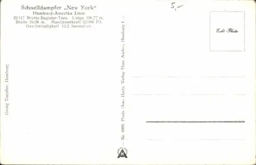 Ak HAPAG Dampfer New York, Schnelldampfer