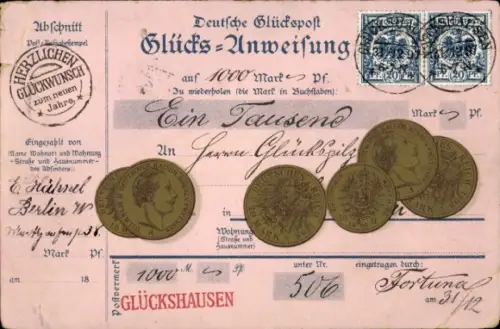 Ak Glückwunsch Neujahr, Geld, Münzen, Glücksanweisung