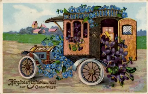 Ak Glückwunsch Geburtstag, Auto, Vergissmeinnicht, Veilchen