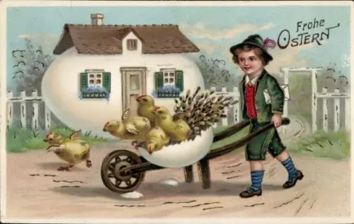 Präge Ak Glückwunsch Ostern, Junge, Schubkarre, Küken, Eierhaus, Weidenkätzchen