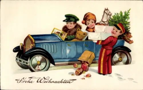 Ak Glückwunsch Weihnachten, Kinder, Auto, Geschenke, Teddy