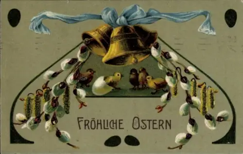 Präge Ak Glückwunsch Ostern, Küken, Glocken, Weidenkätzchen