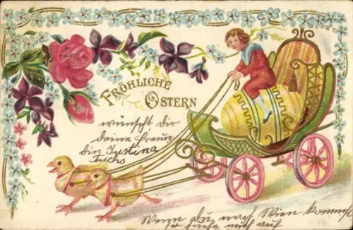 Präge Ak Glückwunsch Ostern, Küken, Osterei, Wagen, Blumen